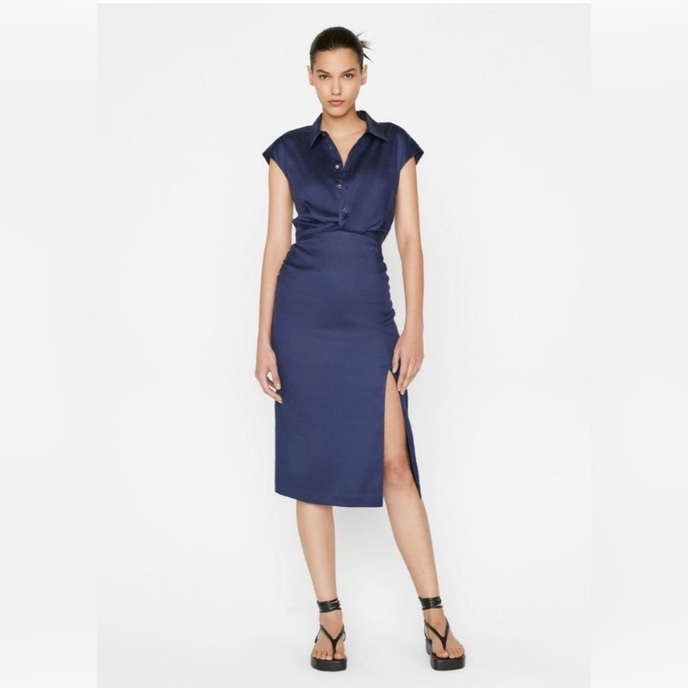 Frame Twisted Button-Front Side Slit Short Sleeve
 Navy Blue Midi Dress